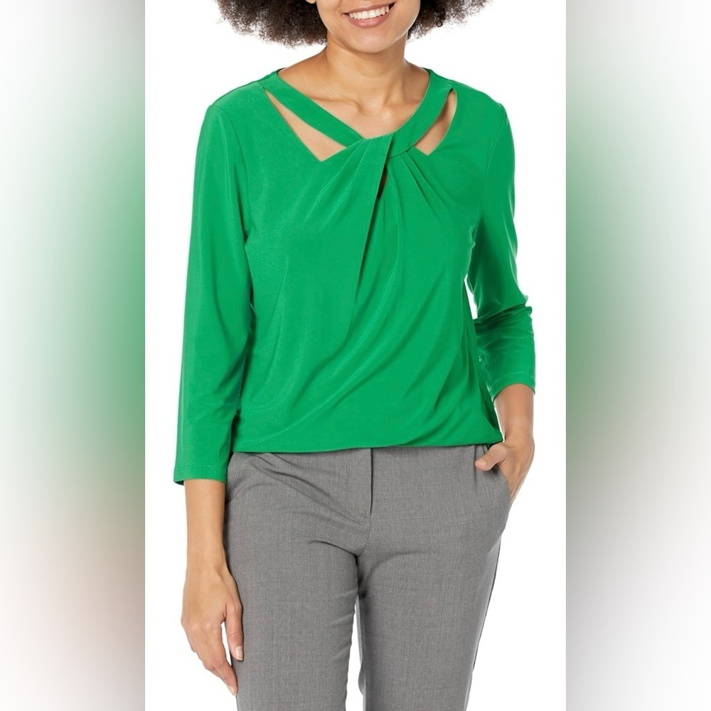Kasper Women’s Cut Out Twist Neck Top Crew Neck 3/4 Sleeve Pullover